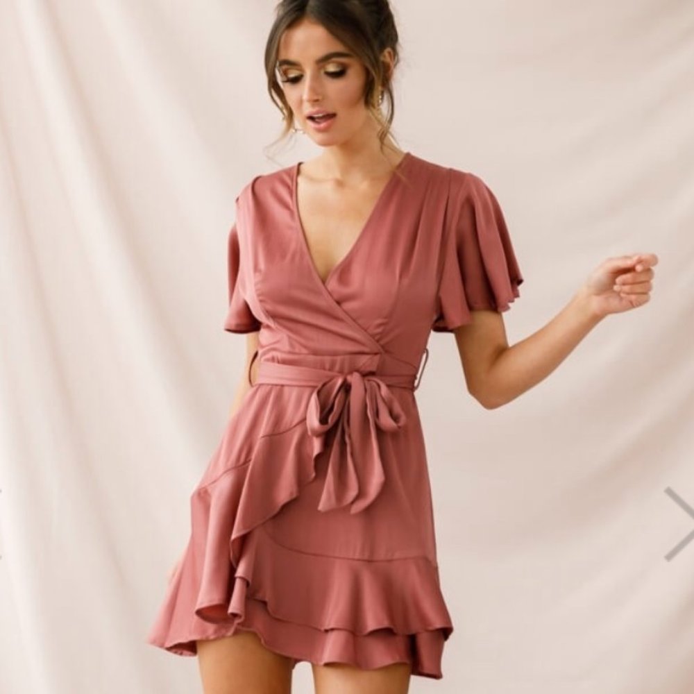 Faux Wrap Dress Rose - Selfie Leslie